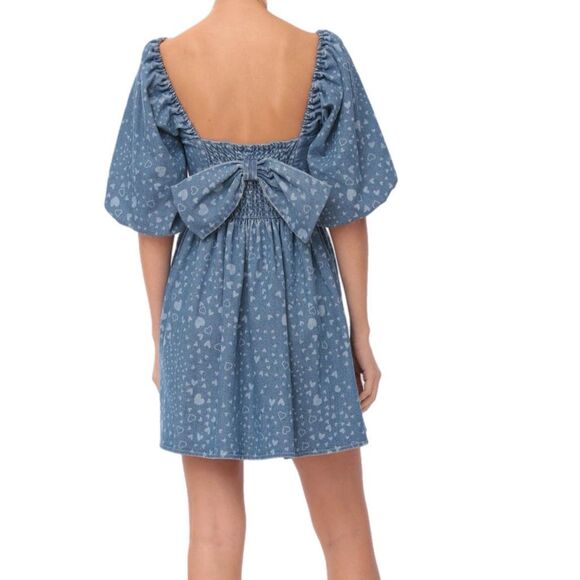 NWT Avec Les Filles puff sleeves baby doll mini dress in denim with heart prints - Picture 5 of 16